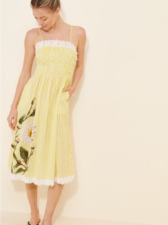 Anthropologie Dresses & Skirts - Anthropologie Lyrebird Yellow Striped Midi Dress floral trim Ladybug Print Sz L
